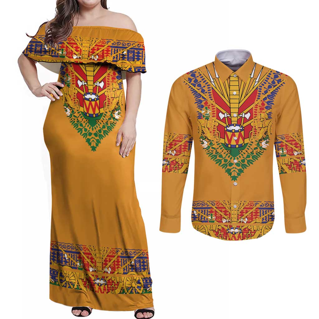 Haiti Flag Traditional Dashiki Couples Matching Off Shoulder Maxi Dress and Long Sleeve Button Shirt Yellow Color