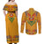 Haiti Flag Traditional Dashiki Couples Matching Off Shoulder Maxi Dress and Long Sleeve Button Shirt Yellow Color