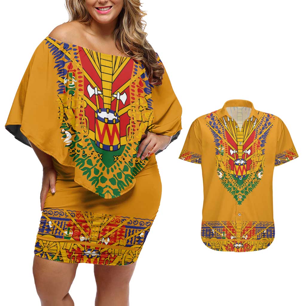 Haiti Flag Traditional Dashiki Couples Matching Off Shoulder Short Dress and Hawaiian Shirt Yellow Color
