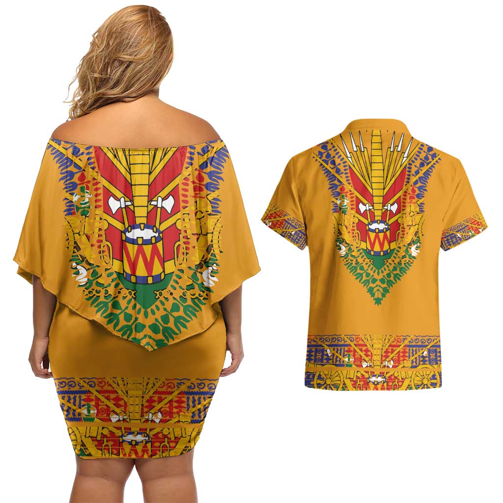 Haiti Flag Traditional Dashiki Couples Matching Off Shoulder Short Dress and Hawaiian Shirt Yellow Color