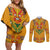 Haiti Flag Traditional Dashiki Couples Matching Off Shoulder Short Dress and Long Sleeve Button Shirt Yellow Color