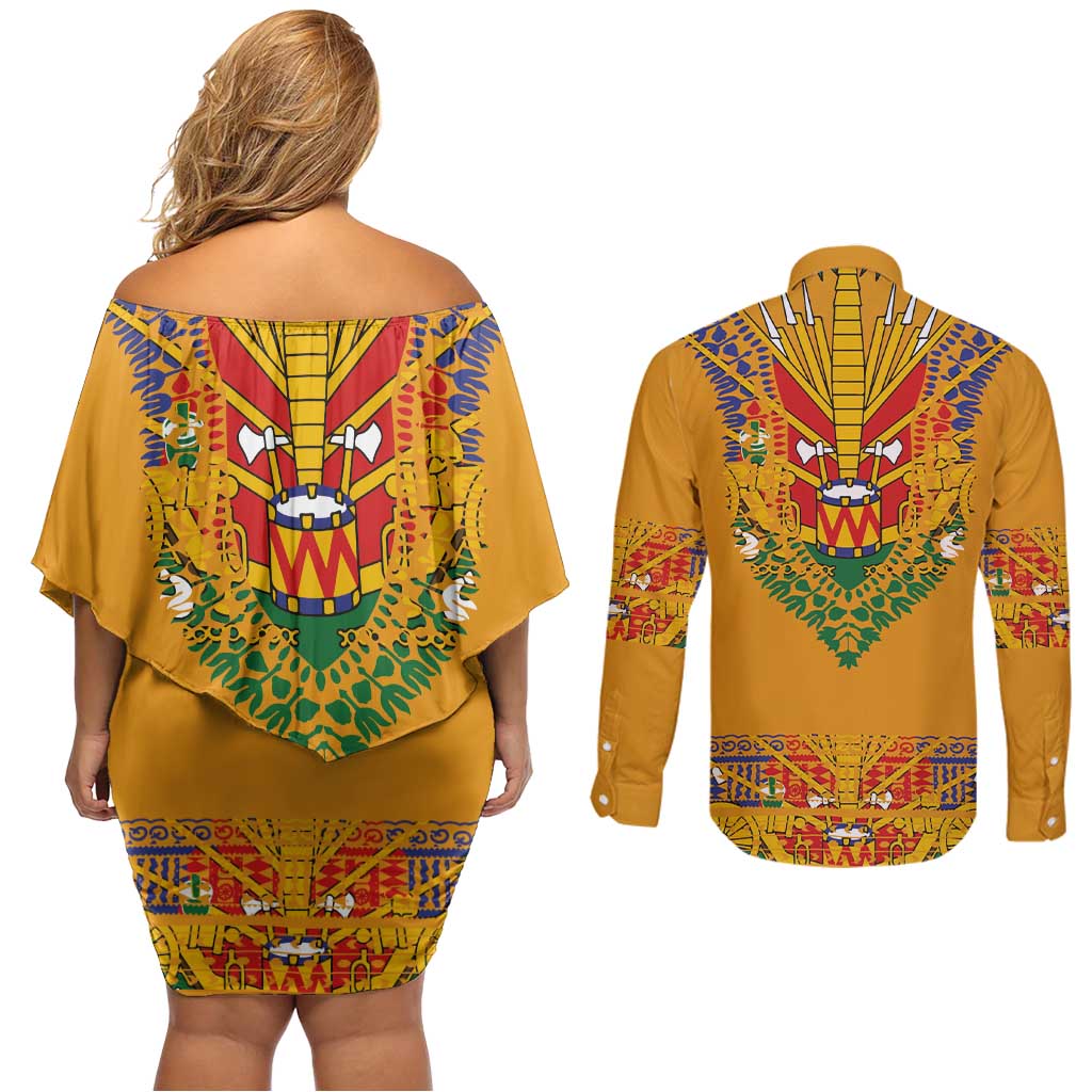 Haiti Flag Traditional Dashiki Couples Matching Off Shoulder Short Dress and Long Sleeve Button Shirt Yellow Color