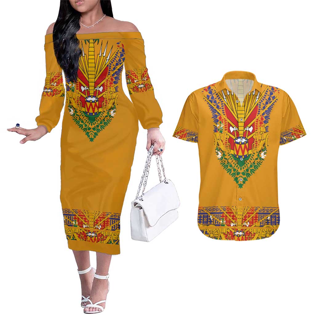 Haiti Flag Traditional Dashiki Couples Matching Off The Shoulder Long Sleeve Dress and Hawaiian Shirt Yellow Color