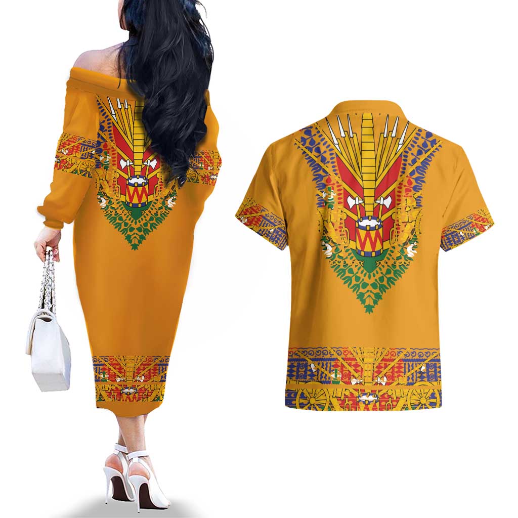 Haiti Flag Traditional Dashiki Couples Matching Off The Shoulder Long Sleeve Dress and Hawaiian Shirt Yellow Color