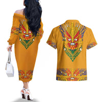 Haiti Flag Traditional Dashiki Couples Matching Off The Shoulder Long Sleeve Dress and Hawaiian Shirt Yellow Color