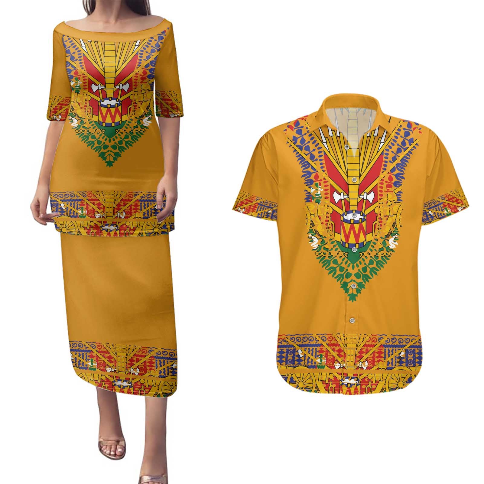Haiti Flag Traditional Dashiki Couples Matching Puletasi and Hawaiian Shirt Yellow Color