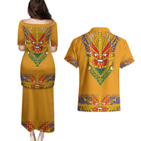 Haiti Flag Traditional Dashiki Couples Matching Puletasi and Hawaiian Shirt Yellow Color