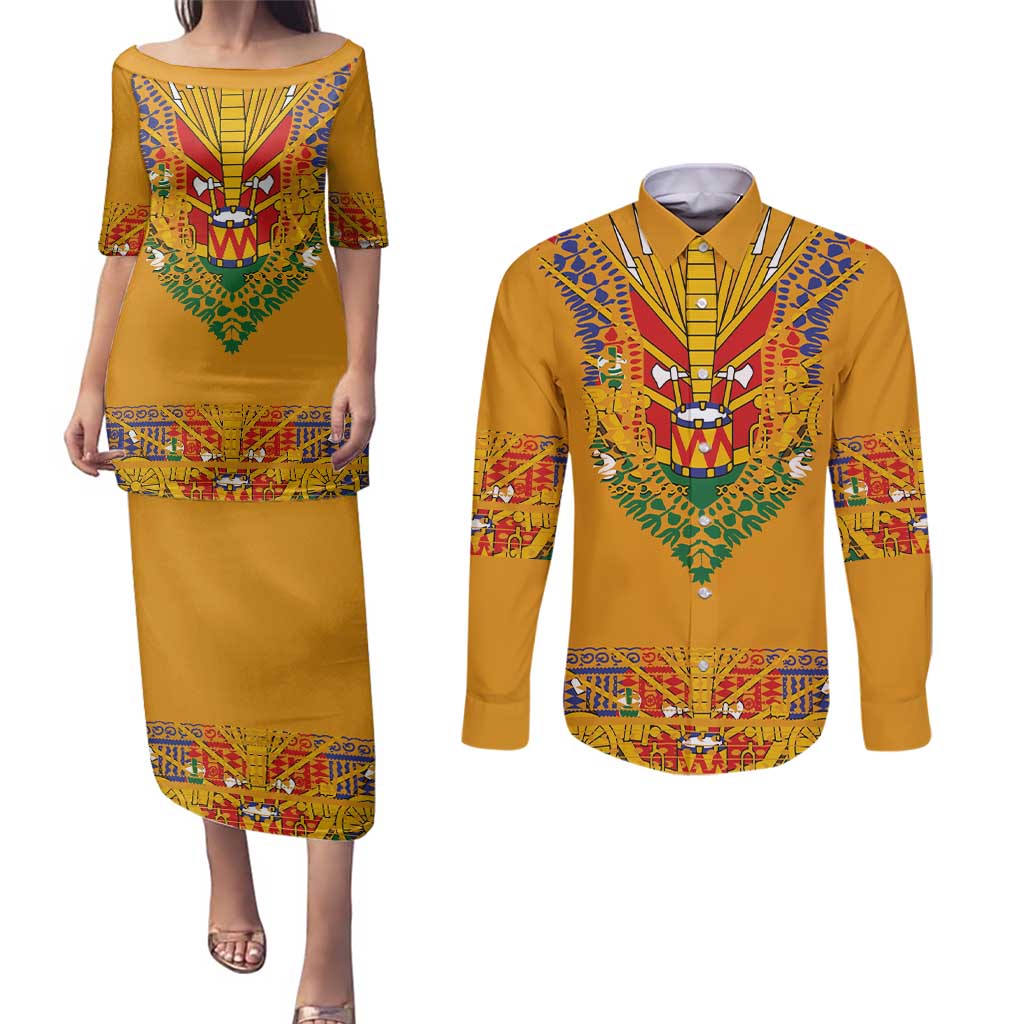 Haiti Flag Traditional Dashiki Couples Matching Puletasi and Long Sleeve Button Shirt Yellow Color