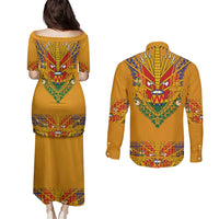 Haiti Flag Traditional Dashiki Couples Matching Puletasi and Long Sleeve Button Shirt Yellow Color