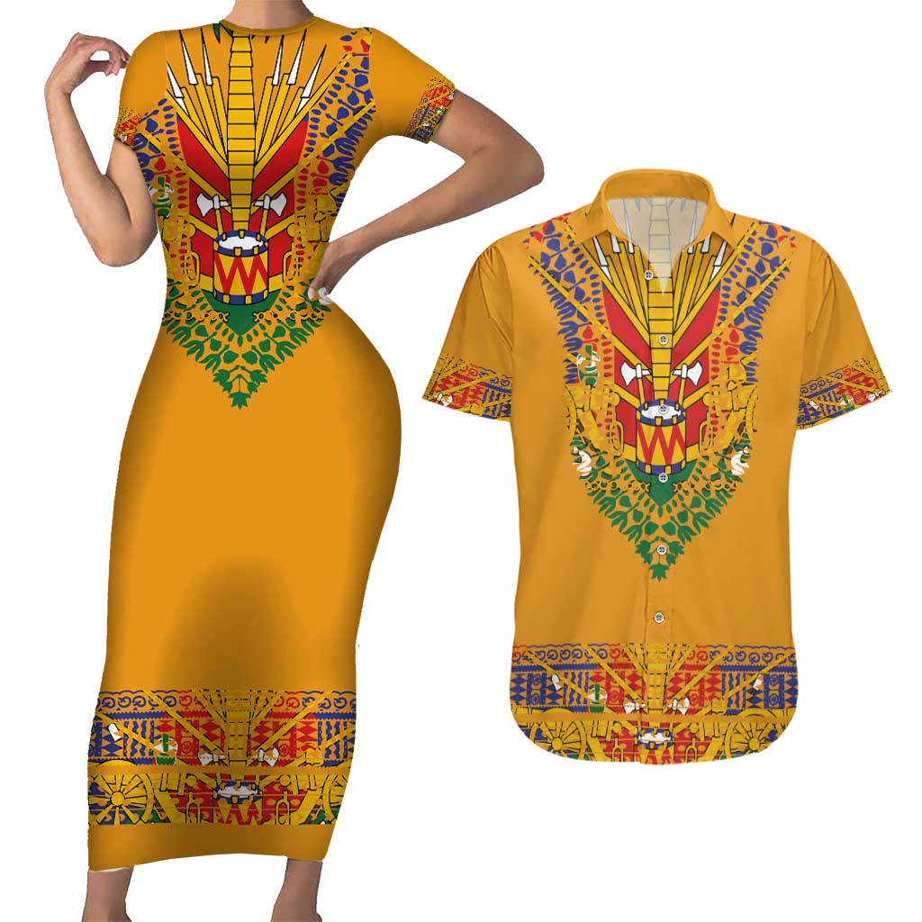 Haiti Flag Traditional Dashiki Couples Matching Short Sleeve Bodycon Dress and Hawaiian Shirt Yellow Color