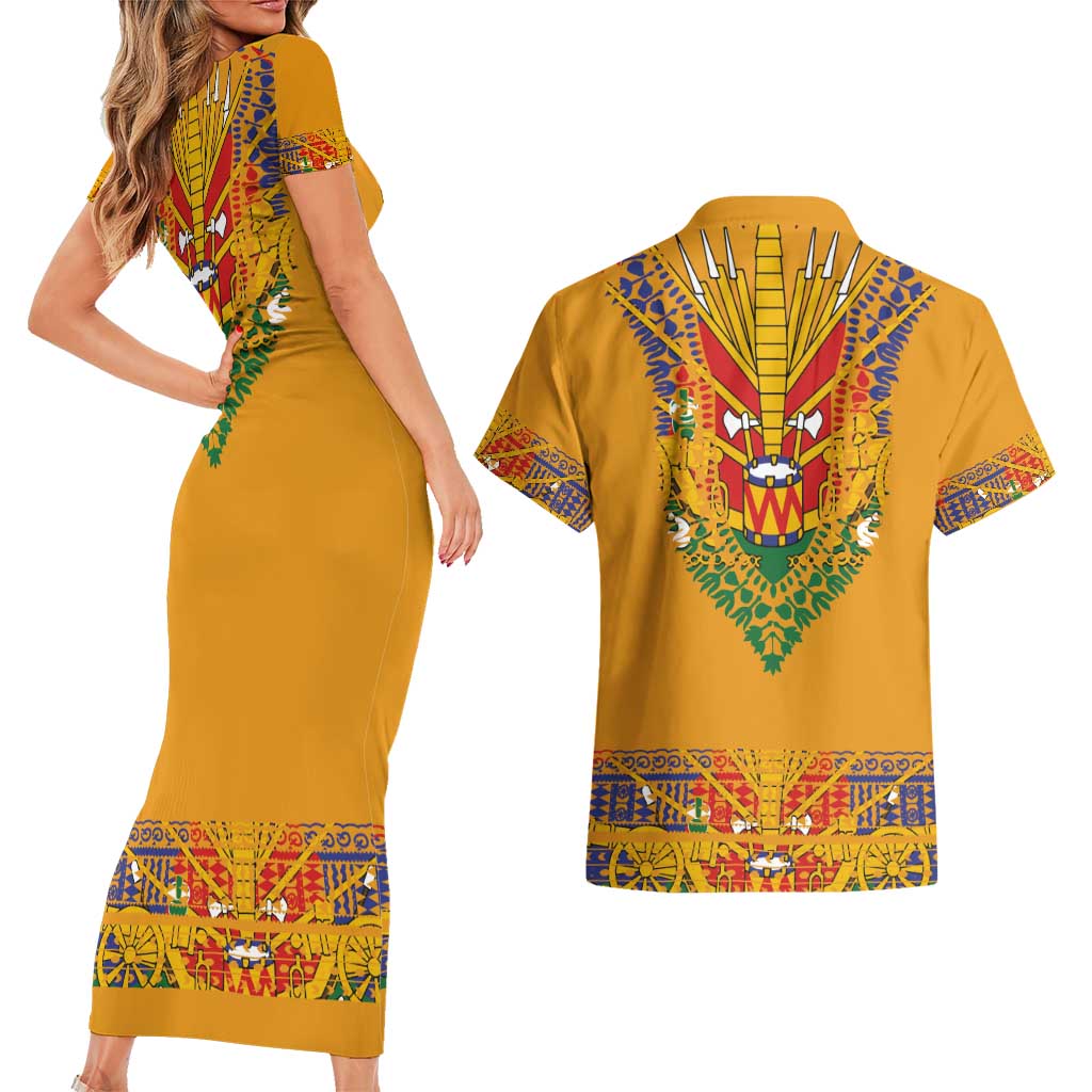 Haiti Flag Traditional Dashiki Couples Matching Short Sleeve Bodycon Dress and Hawaiian Shirt Yellow Color
