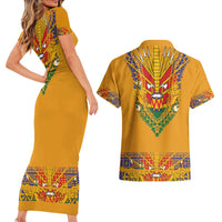 Haiti Flag Traditional Dashiki Couples Matching Short Sleeve Bodycon Dress and Hawaiian Shirt Yellow Color