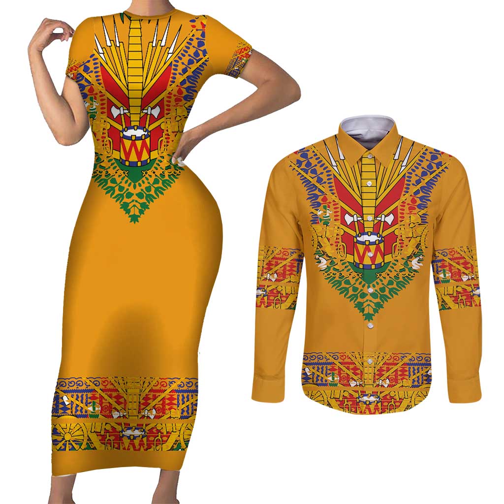Haiti Flag Traditional Dashiki Couples Matching Short Sleeve Bodycon Dress and Long Sleeve Button Shirt Yellow Color