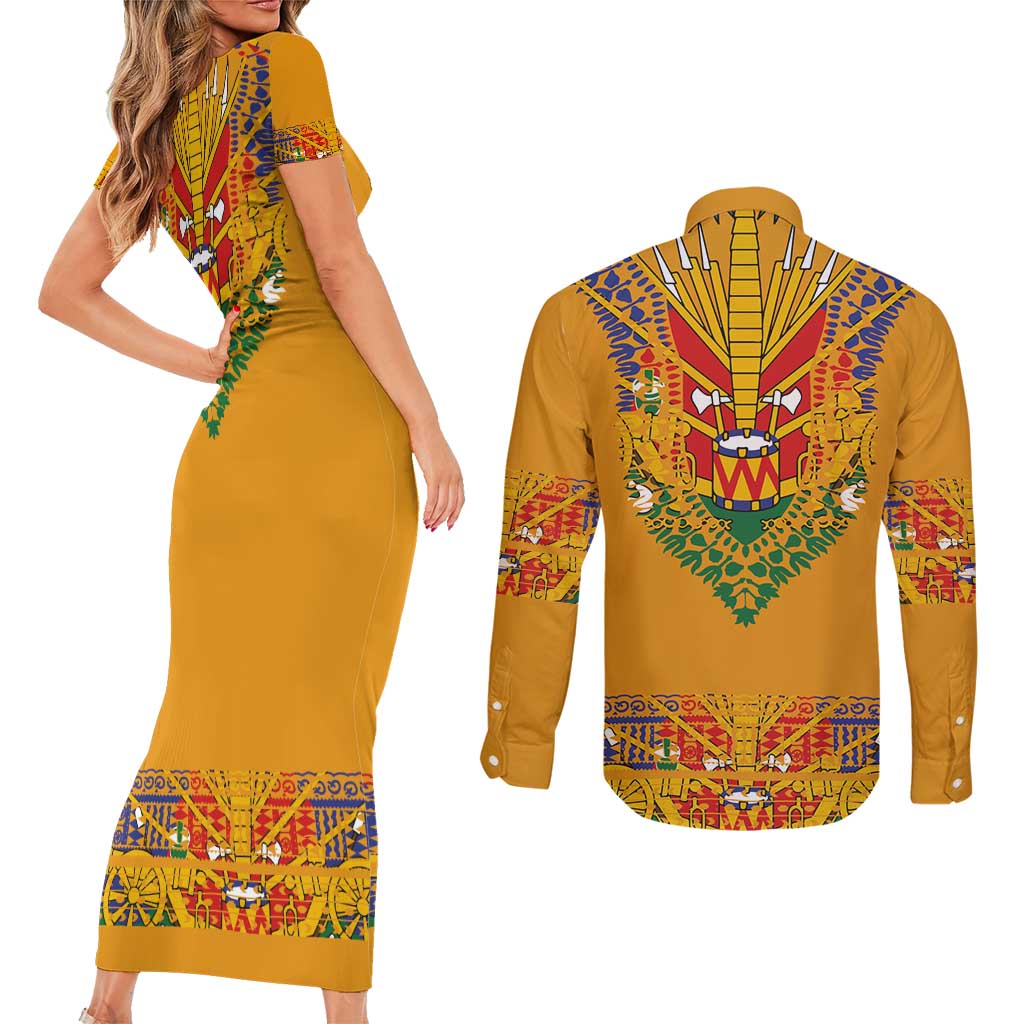 Haiti Flag Traditional Dashiki Couples Matching Short Sleeve Bodycon Dress and Long Sleeve Button Shirt Yellow Color