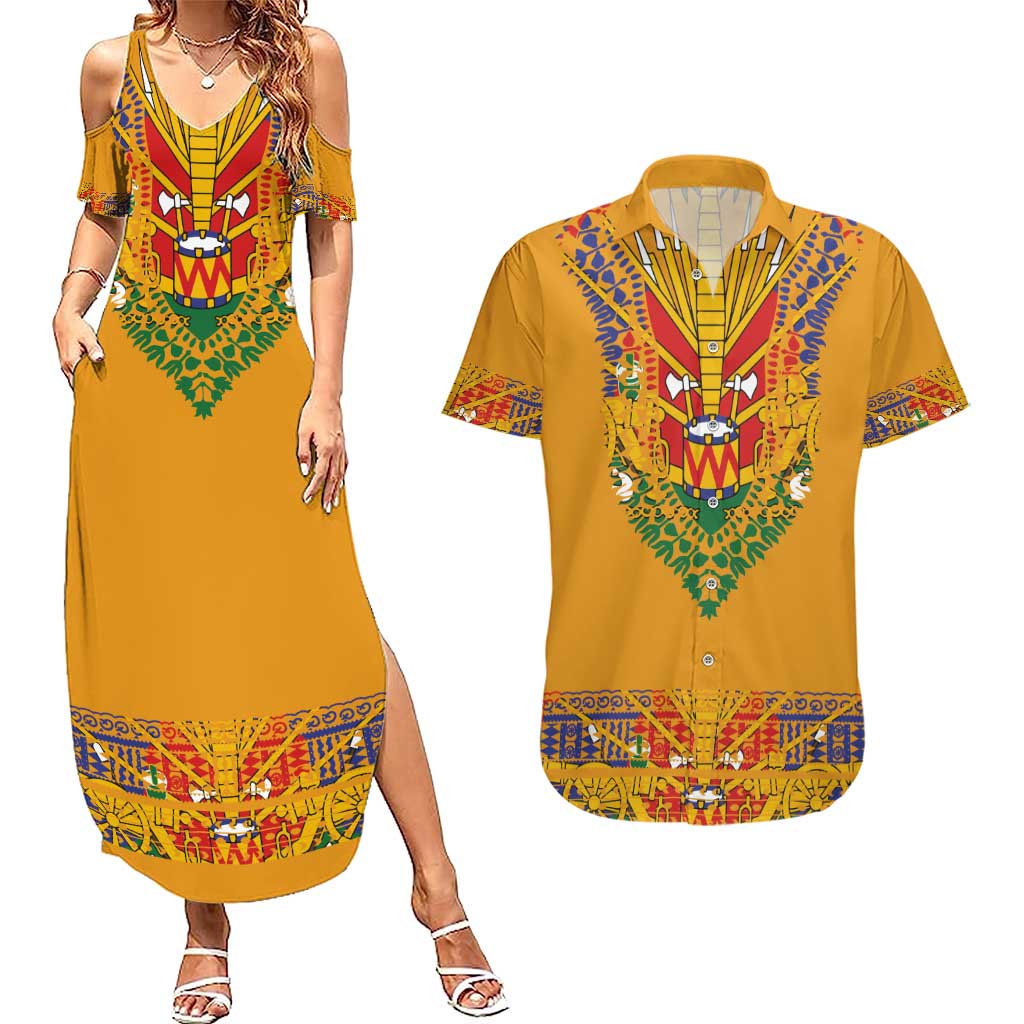 Haiti Flag Traditional Dashiki Couples Matching Summer Maxi Dress and Hawaiian Shirt Yellow Color