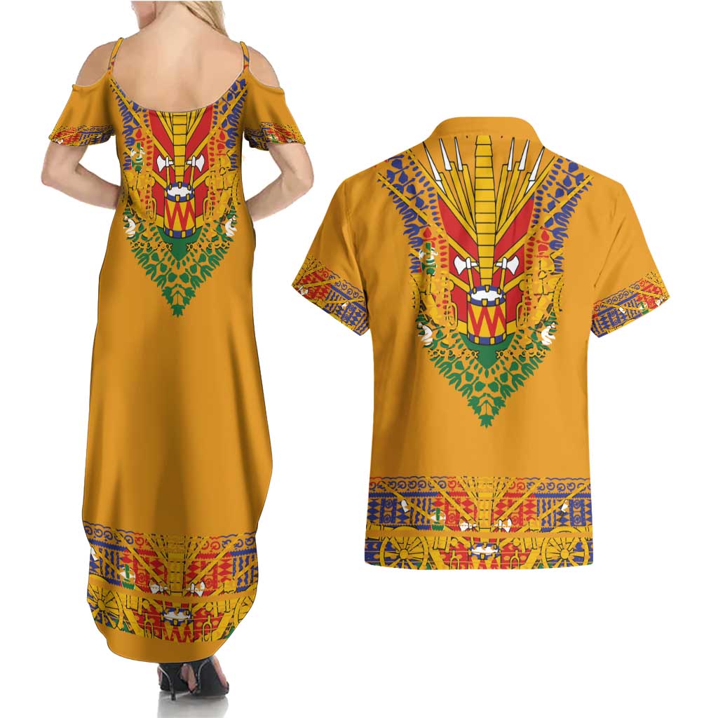 Haiti Flag Traditional Dashiki Couples Matching Summer Maxi Dress and Hawaiian Shirt Yellow Color
