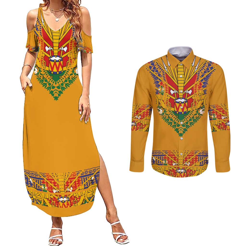 Haiti Flag Traditional Dashiki Couples Matching Summer Maxi Dress and Long Sleeve Button Shirt Yellow Color