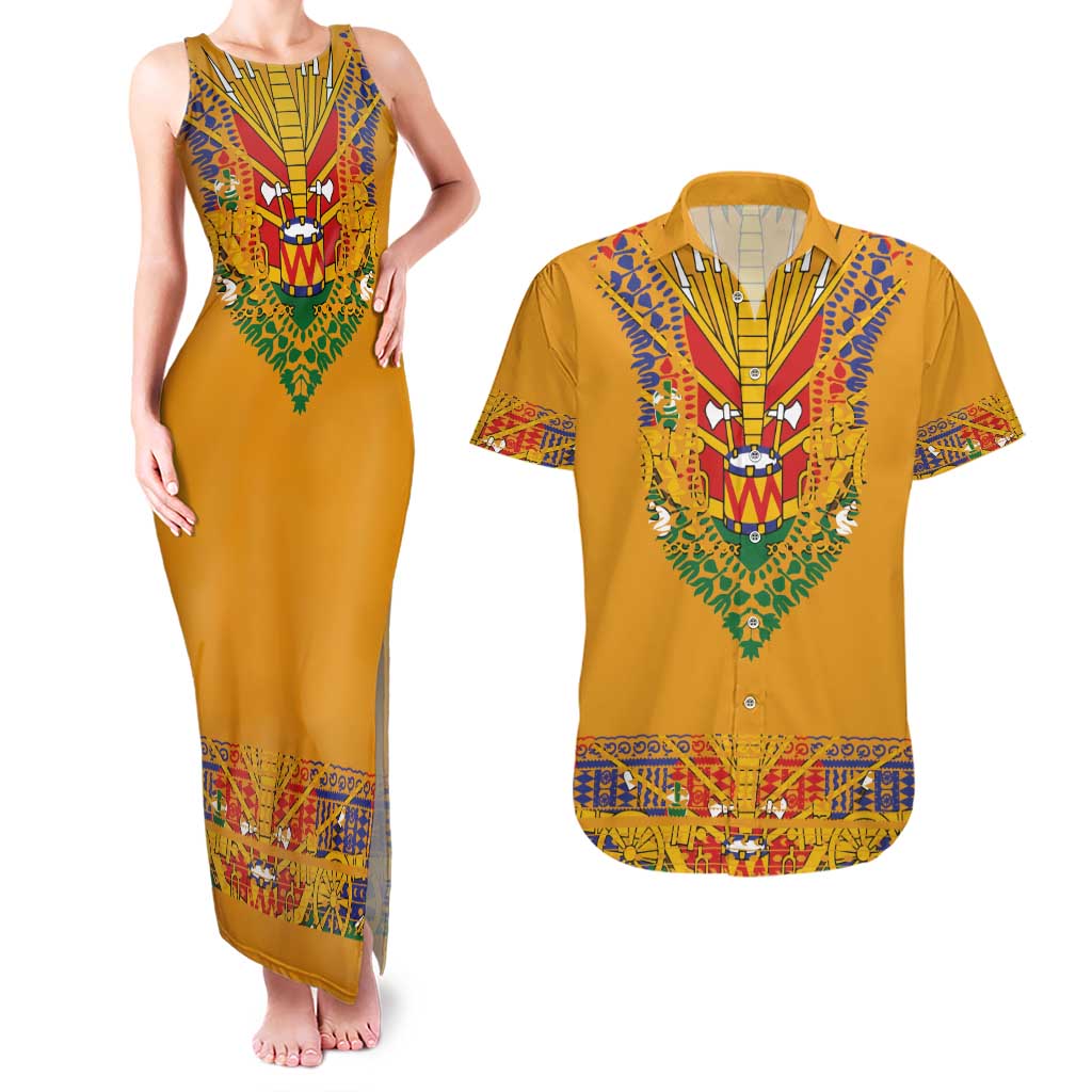 Haiti Flag Traditional Dashiki Couples Matching Tank Maxi Dress and Hawaiian Shirt Yellow Color