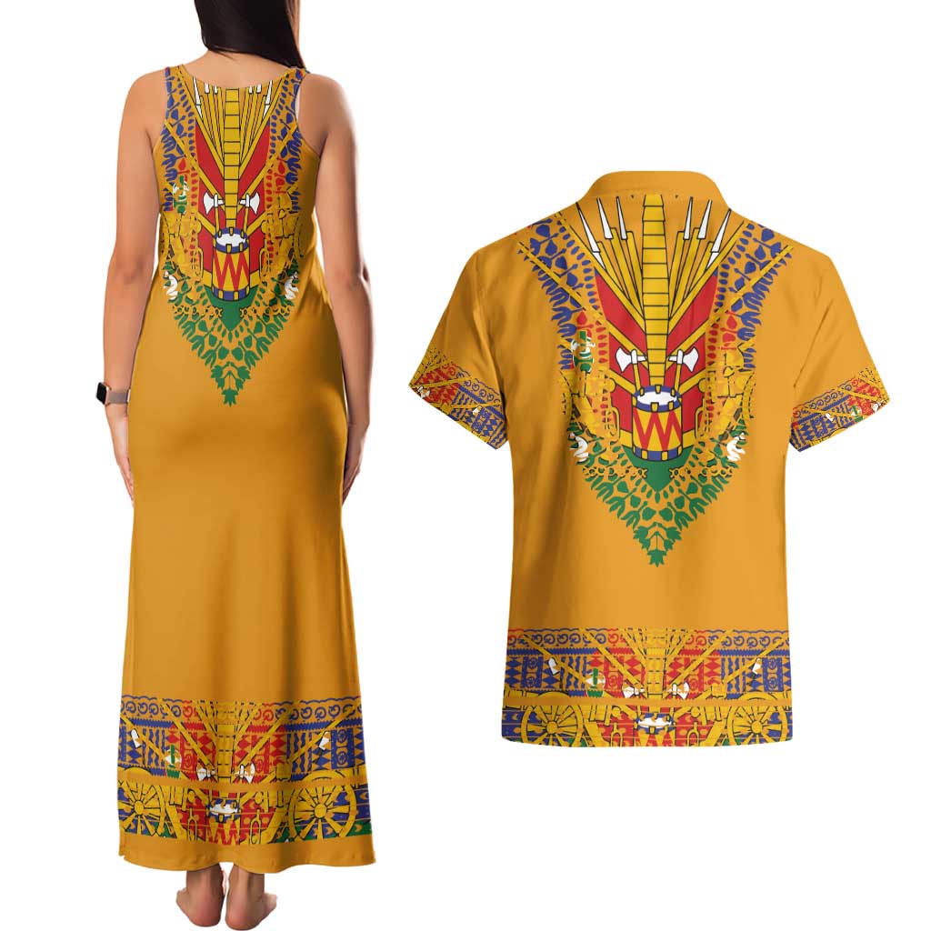 Haiti Flag Traditional Dashiki Couples Matching Tank Maxi Dress and Hawaiian Shirt Yellow Color