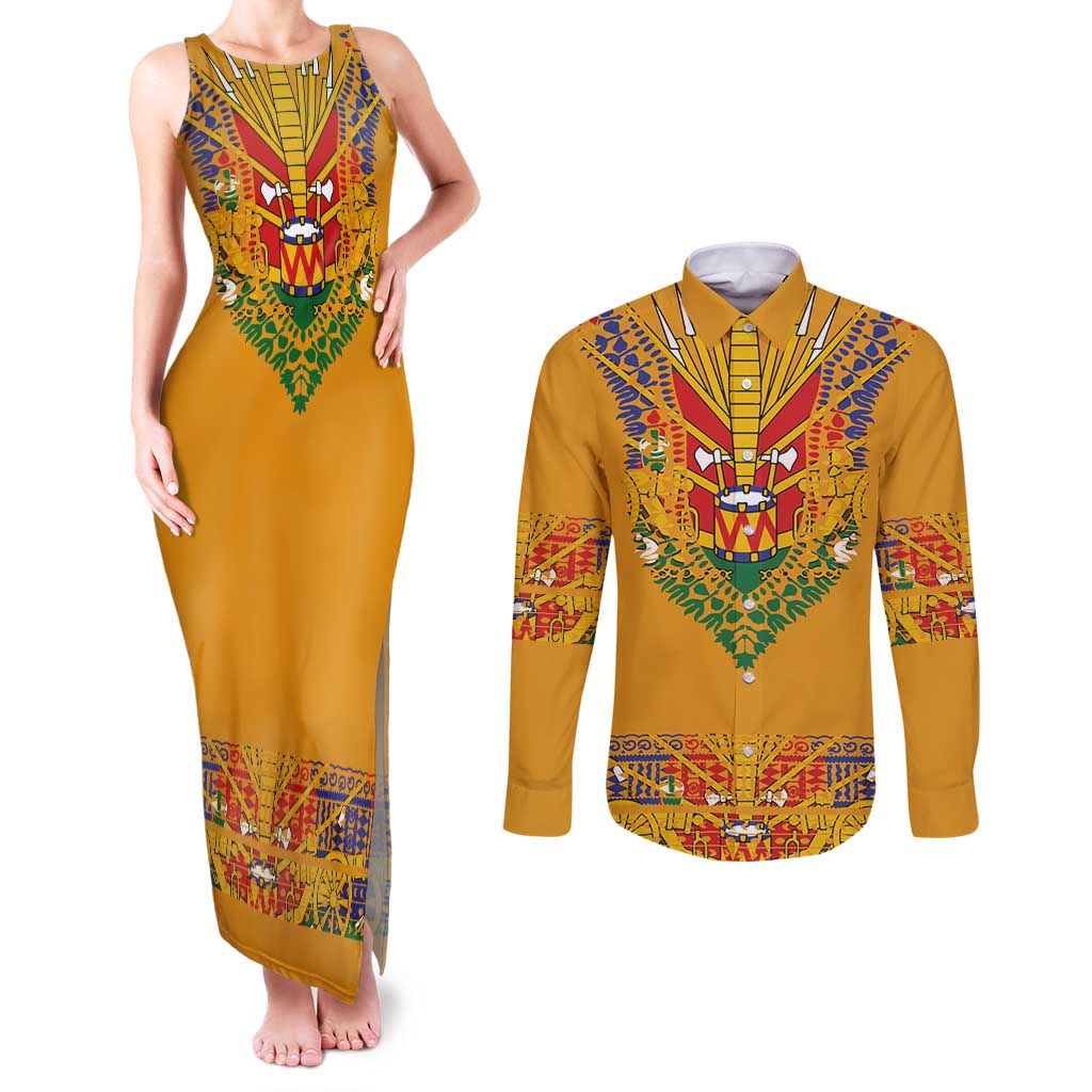 Haiti Flag Traditional Dashiki Couples Matching Tank Maxi Dress and Long Sleeve Button Shirt Yellow Color