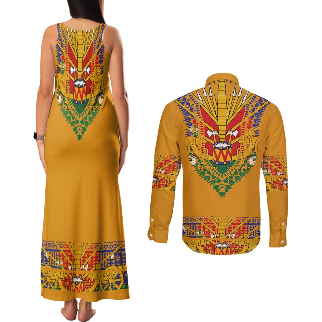 Haiti Flag Traditional Dashiki Couples Matching Tank Maxi Dress and Long Sleeve Button Shirt Yellow Color