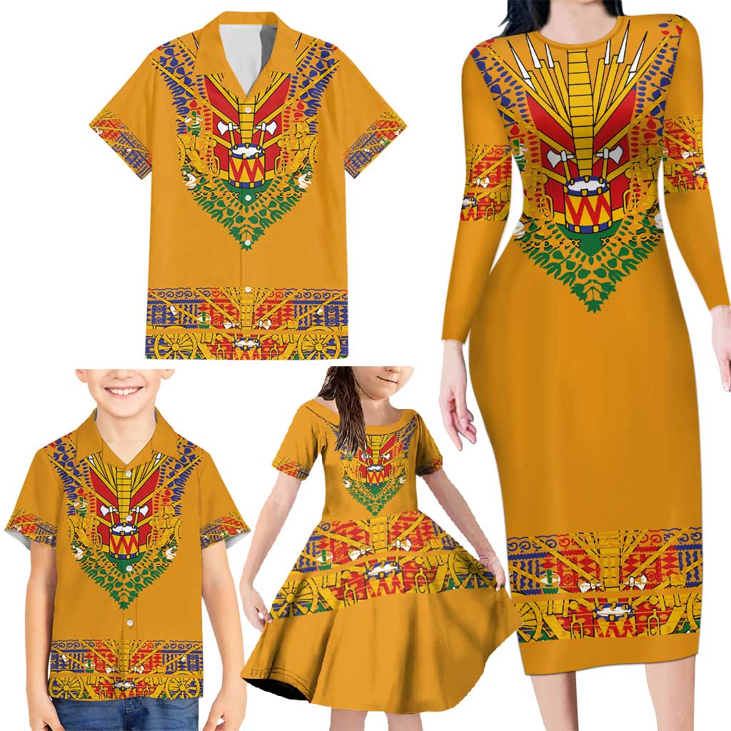 Haiti Flag Traditional Dashiki Family Matching Long Sleeve Bodycon Dress and Hawaiian Shirt Yellow Color