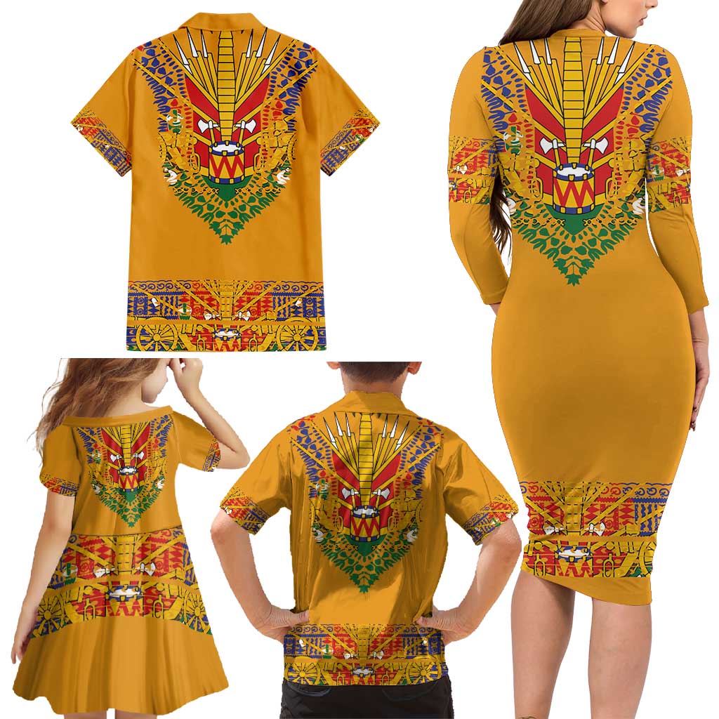 Haiti Flag Traditional Dashiki Family Matching Long Sleeve Bodycon Dress and Hawaiian Shirt Yellow Color