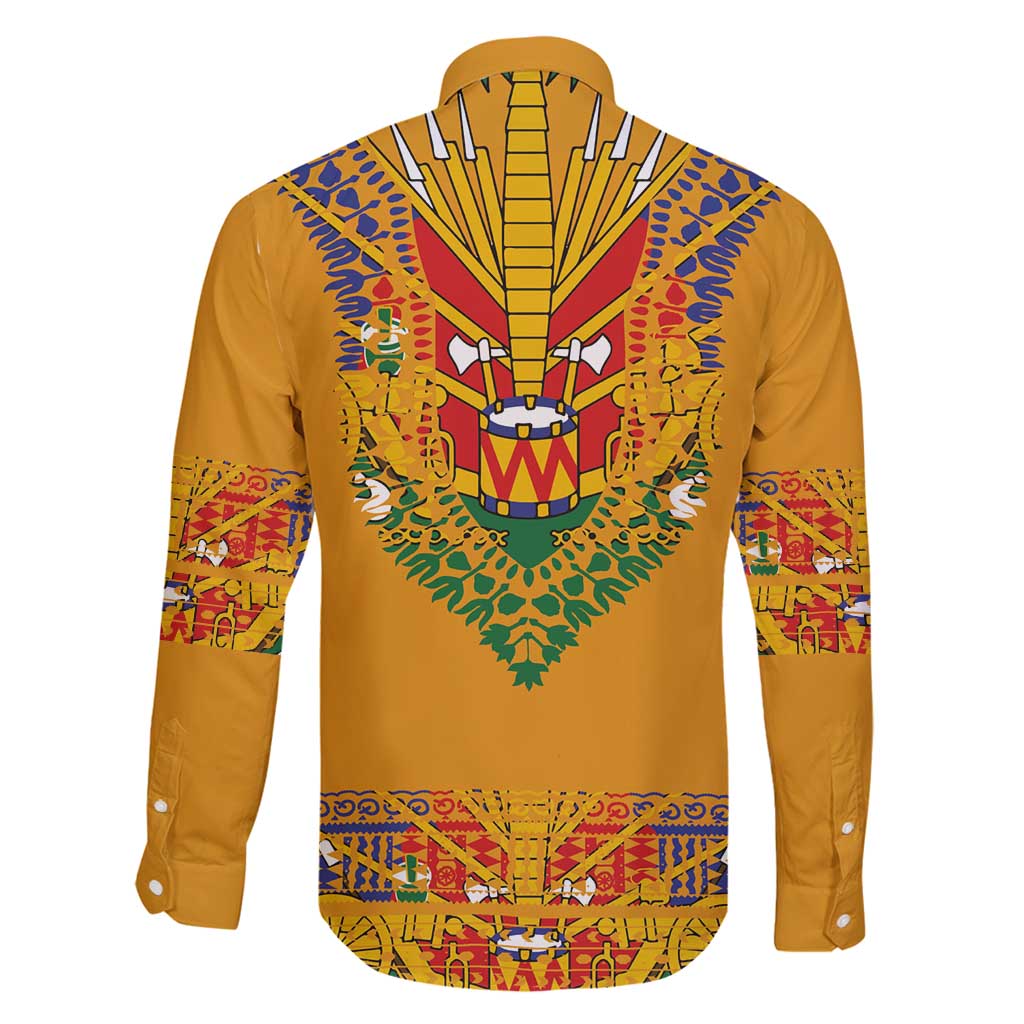 Haiti Flag Traditional Dashiki Family Matching Long Sleeve Bodycon Dress and Hawaiian Shirt Yellow Color