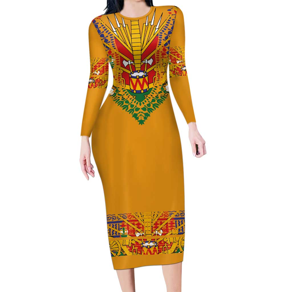 Haiti Flag Traditional Dashiki Family Matching Long Sleeve Bodycon Dress and Hawaiian Shirt Yellow Color