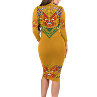 Haiti Flag Traditional Dashiki Family Matching Long Sleeve Bodycon Dress and Hawaiian Shirt Yellow Color
