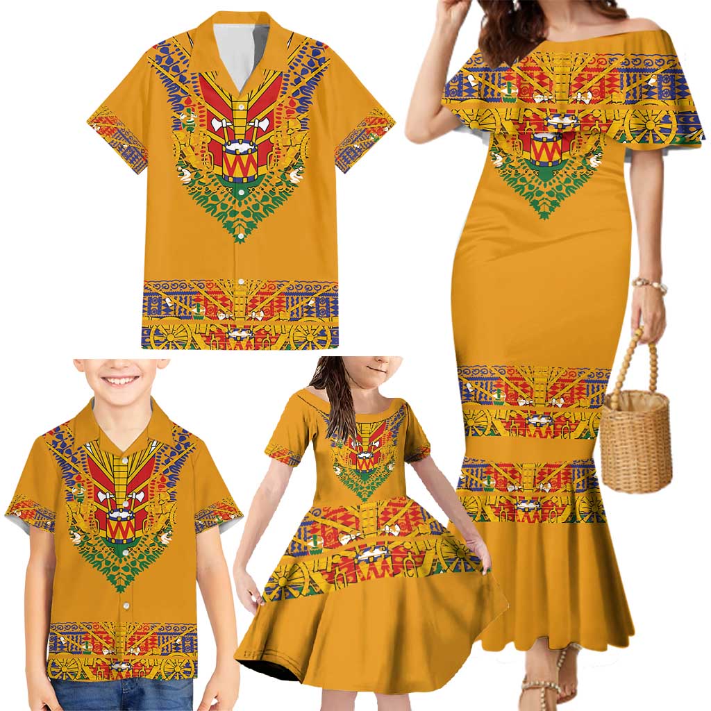 Haiti Flag Traditional Dashiki Family Matching Mermaid Dress and Hawaiian Shirt Yellow Color