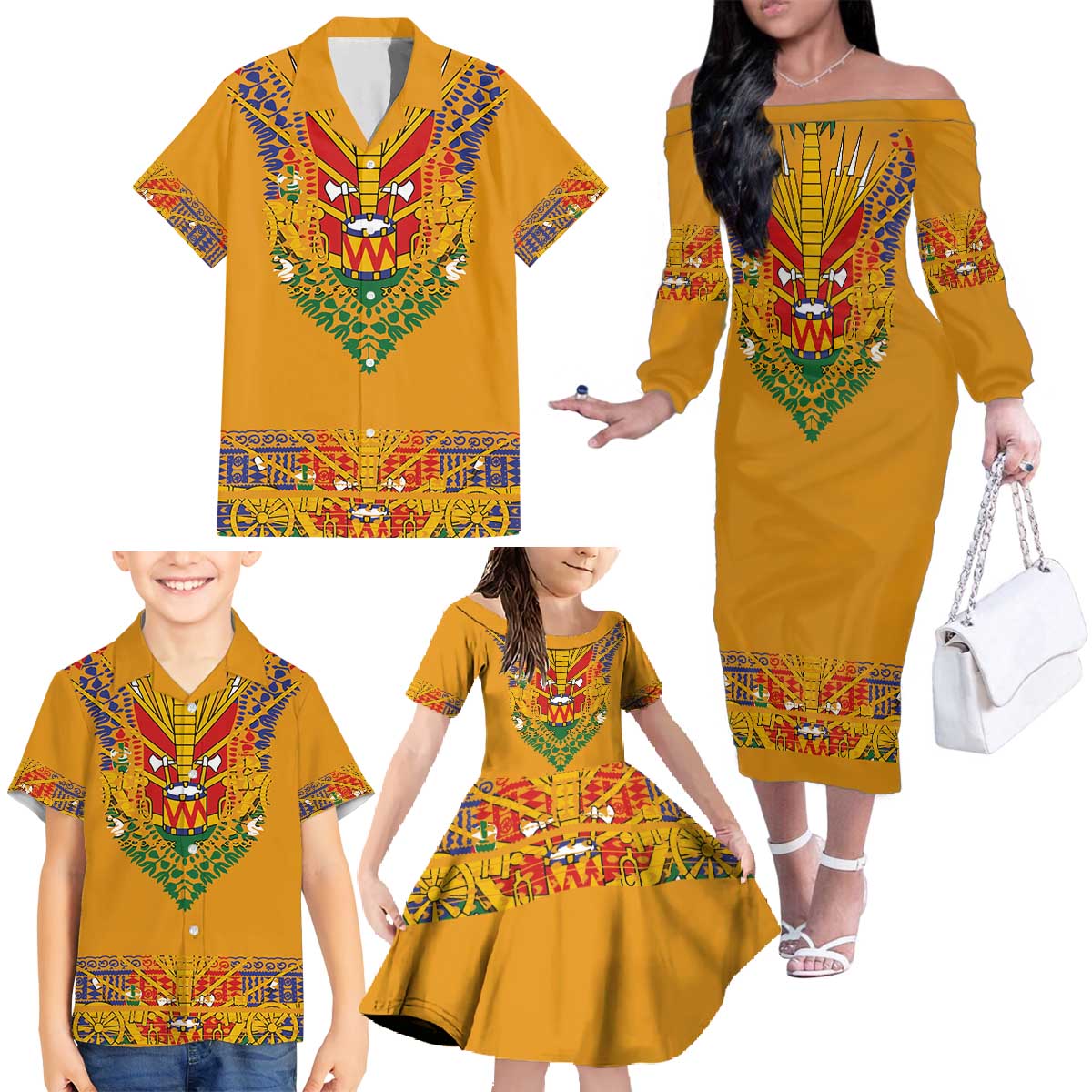 Haiti Flag Traditional Dashiki Family Matching Off The Shoulder Long Sleeve Dress and Hawaiian Shirt Yellow Color