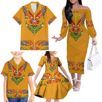 Haiti Flag Traditional Dashiki Family Matching Off The Shoulder Long Sleeve Dress and Hawaiian Shirt Yellow Color