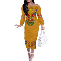 Haiti Flag Traditional Dashiki Family Matching Off The Shoulder Long Sleeve Dress and Hawaiian Shirt Yellow Color