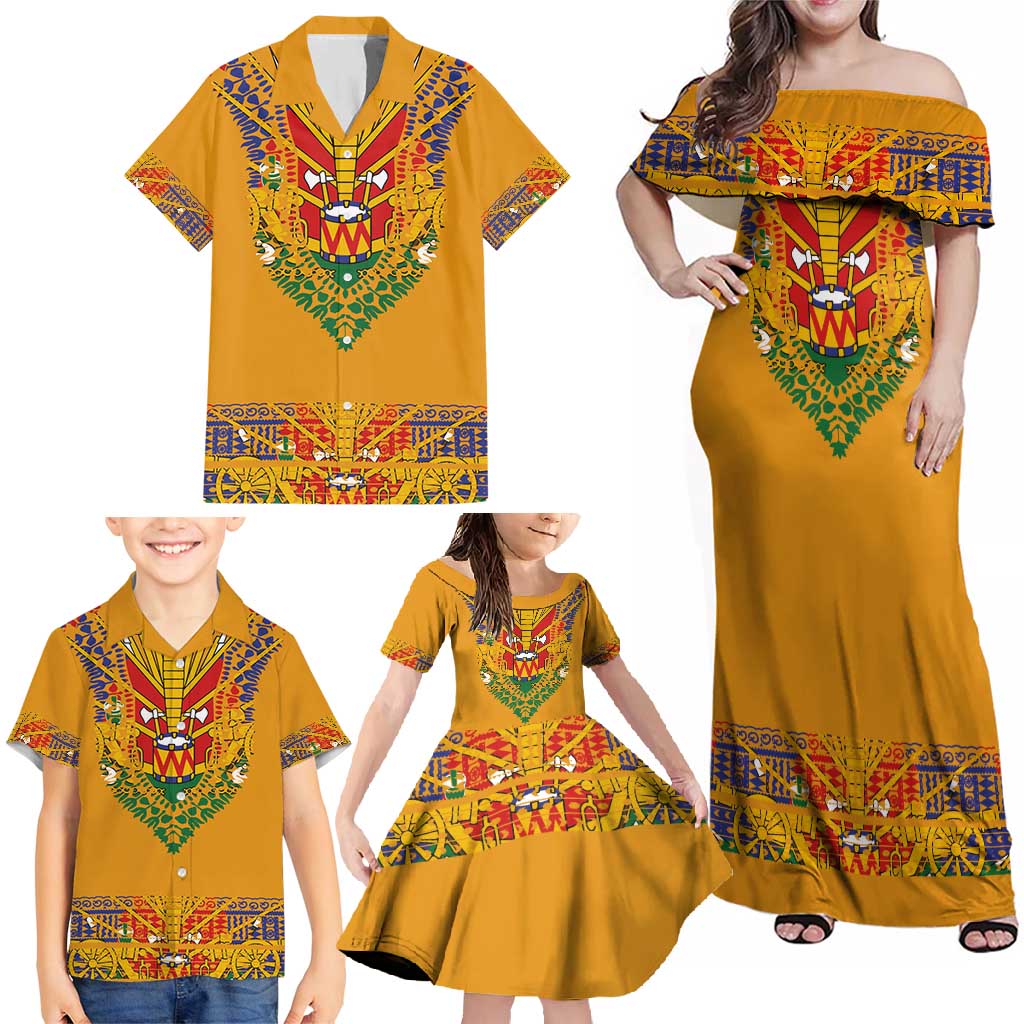 Haiti Flag Traditional Dashiki Family Matching Off Shoulder Maxi Dress and Hawaiian Shirt Yellow Color