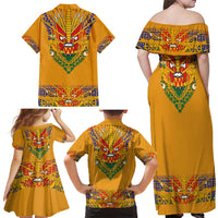Haiti Flag Traditional Dashiki Family Matching Off Shoulder Maxi Dress and Hawaiian Shirt Yellow Color
