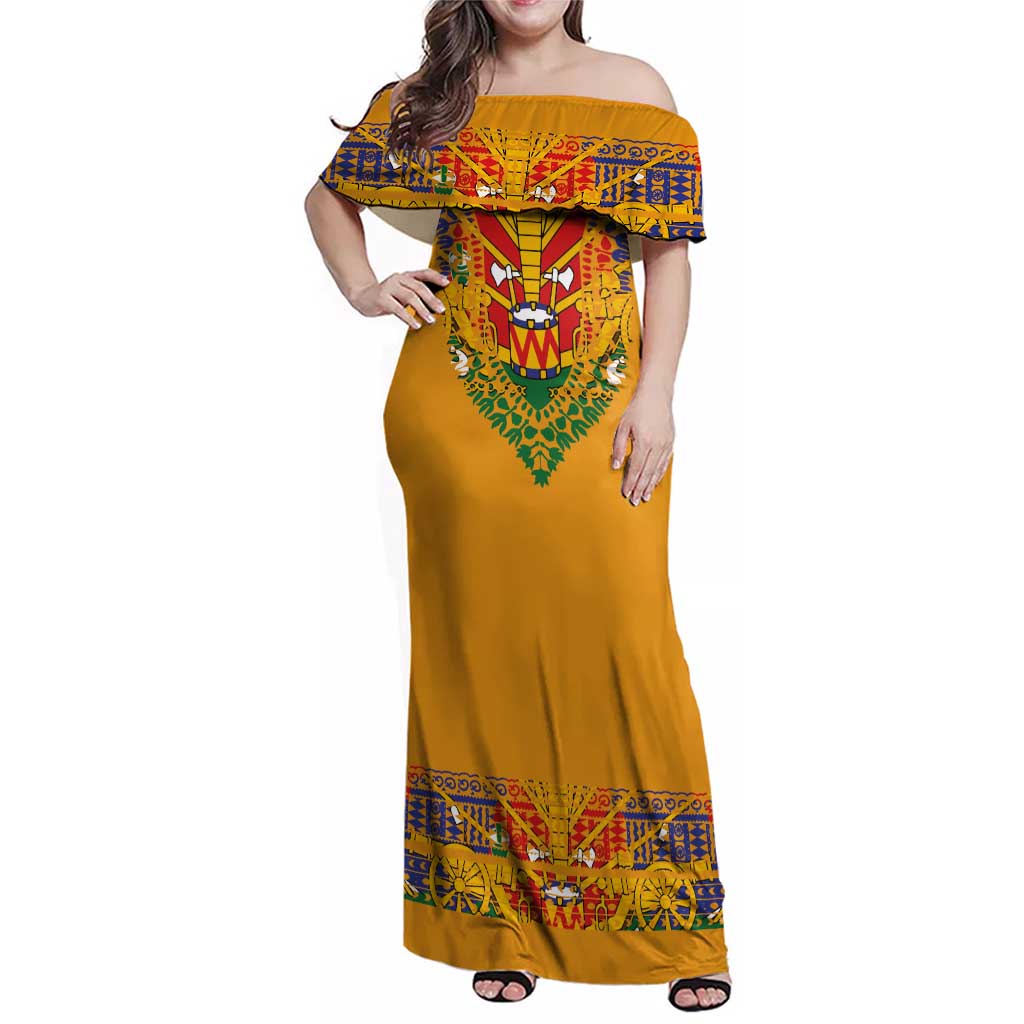 Haiti Flag Traditional Dashiki Family Matching Off Shoulder Maxi Dress and Hawaiian Shirt Yellow Color