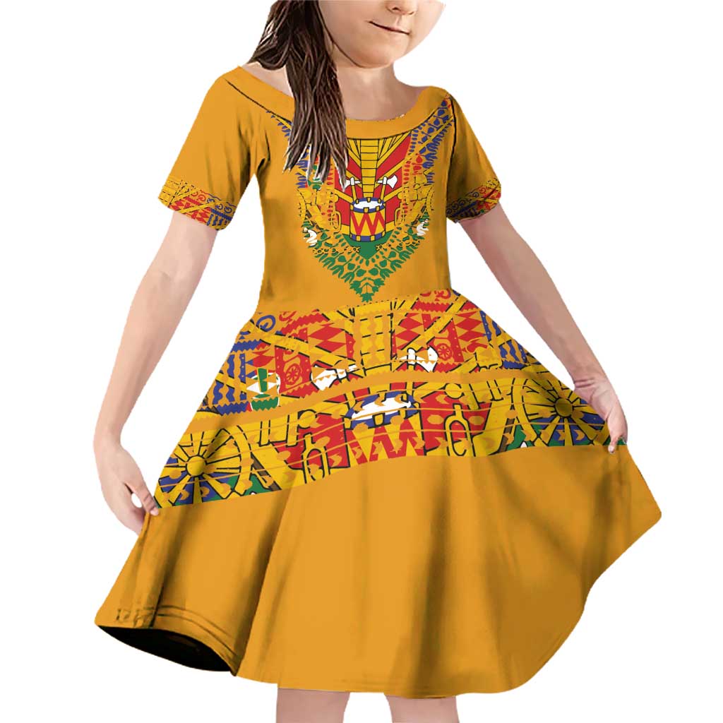 Haiti Flag Traditional Dashiki Family Matching Off Shoulder Short Dress and Hawaiian Shirt Yellow Color