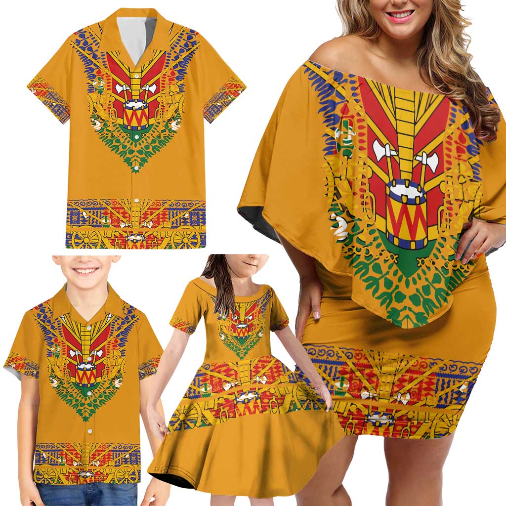 Haiti Flag Traditional Dashiki Family Matching Off Shoulder Short Dress and Hawaiian Shirt Yellow Color