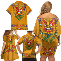 Haiti Flag Traditional Dashiki Family Matching Off Shoulder Short Dress and Hawaiian Shirt Yellow Color