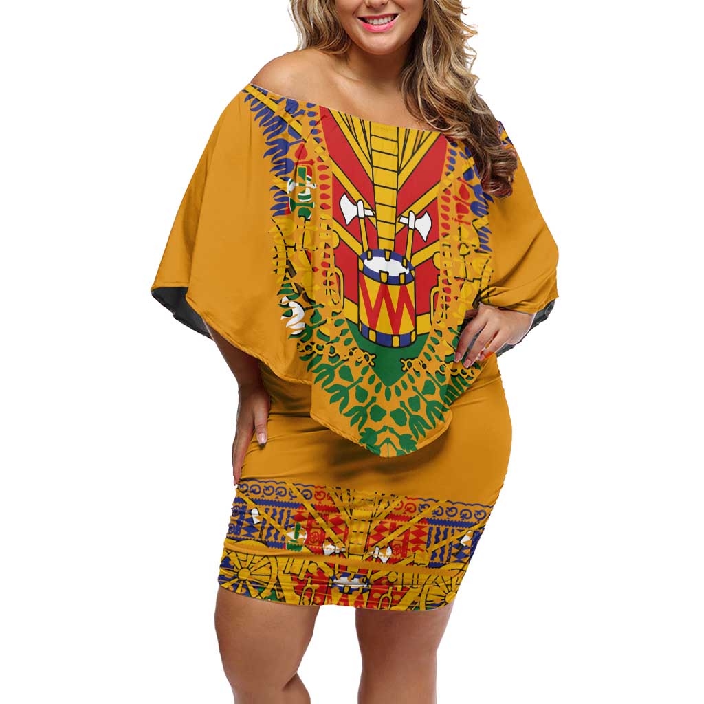 Haiti Flag Traditional Dashiki Family Matching Off Shoulder Short Dress and Hawaiian Shirt Yellow Color