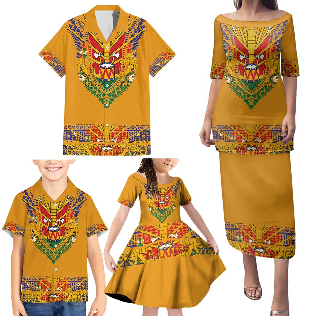 Haiti Flag Traditional Dashiki Family Matching Puletasi and Hawaiian Shirt Yellow Color