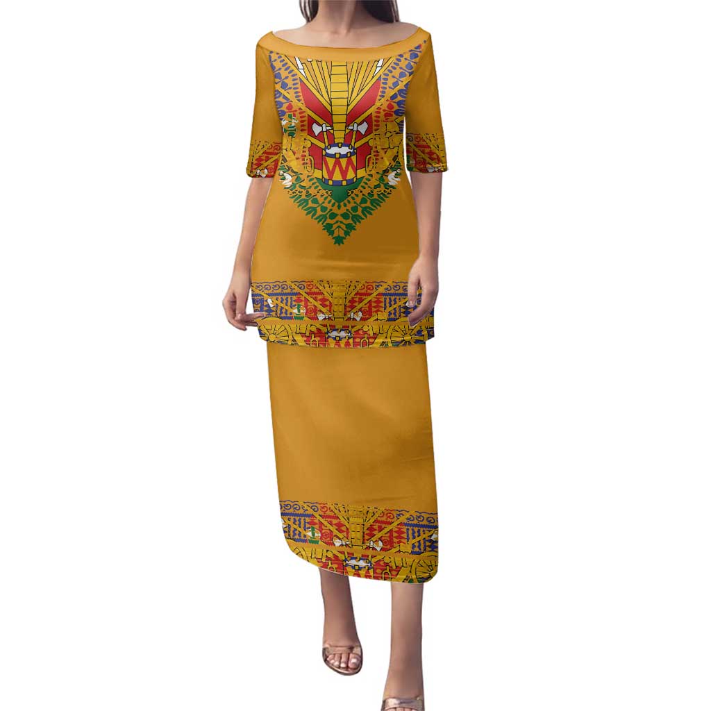 Haiti Flag Traditional Dashiki Family Matching Puletasi and Hawaiian Shirt Yellow Color