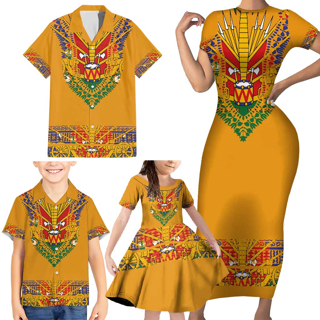 Haiti Flag Traditional Dashiki Family Matching Short Sleeve Bodycon Dress and Hawaiian Shirt Yellow Color
