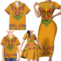 Haiti Flag Traditional Dashiki Family Matching Short Sleeve Bodycon Dress and Hawaiian Shirt Yellow Color