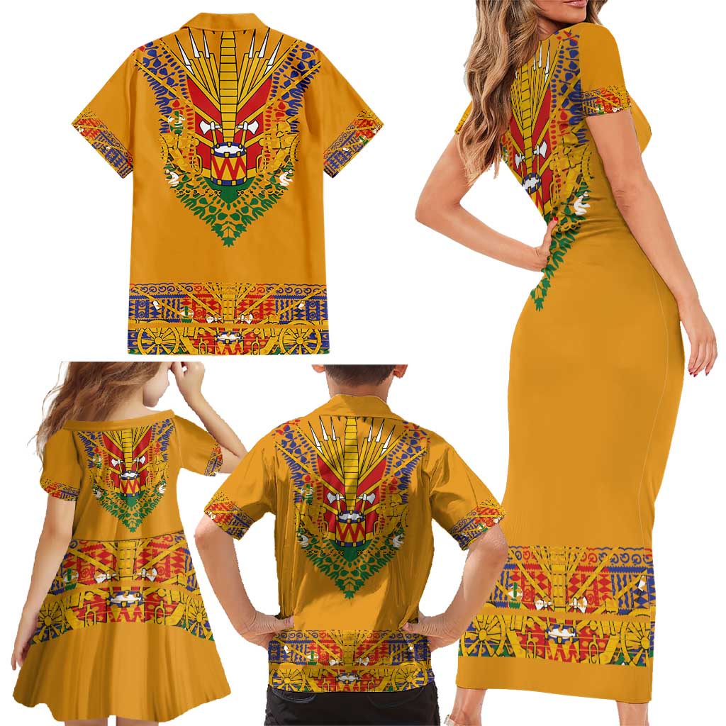 Haiti Flag Traditional Dashiki Family Matching Short Sleeve Bodycon Dress and Hawaiian Shirt Yellow Color