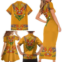 Haiti Flag Traditional Dashiki Family Matching Short Sleeve Bodycon Dress and Hawaiian Shirt Yellow Color