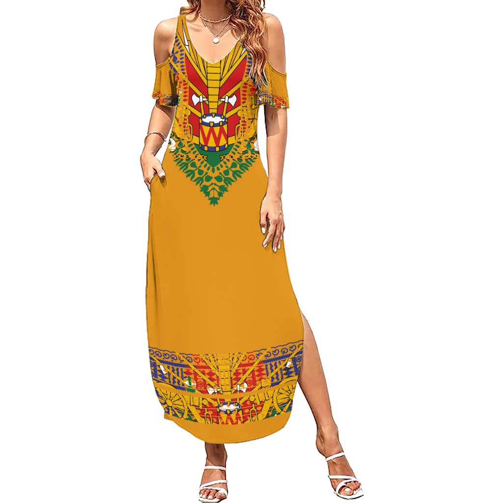 Haiti Flag Traditional Dashiki Family Matching Summer Maxi Dress and Hawaiian Shirt Yellow Color