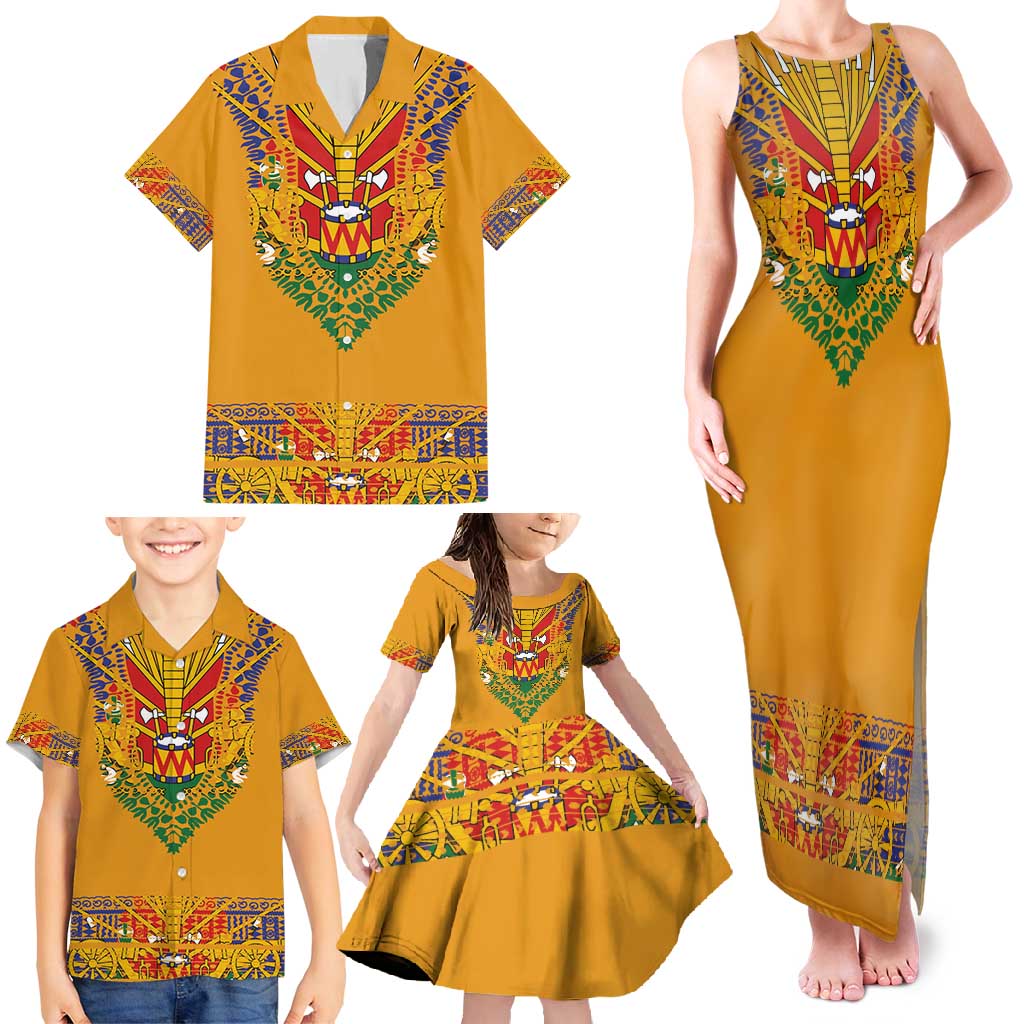 Haiti Flag Traditional Dashiki Family Matching Tank Maxi Dress and Hawaiian Shirt Yellow Color