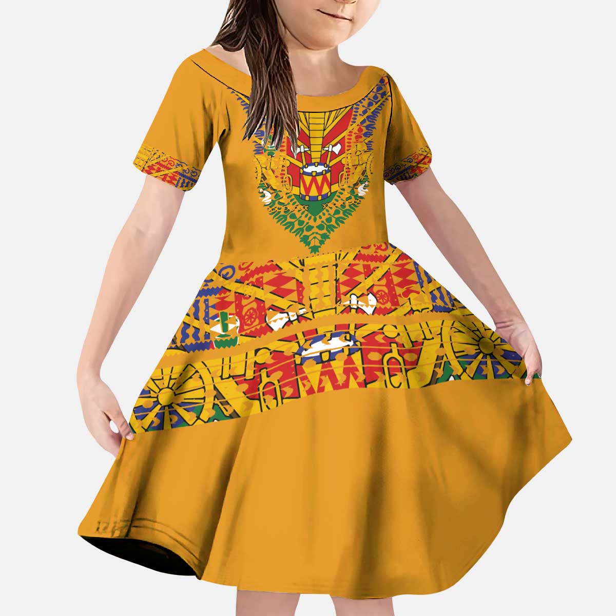 Haiti Flag Traditional Dashiki Kid Short Sleeve Dress Yellow Color